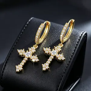 Gold CZ Cross Huggie Drop Earrings| Pave Dangle Hoops| Statement Jewelry for Women