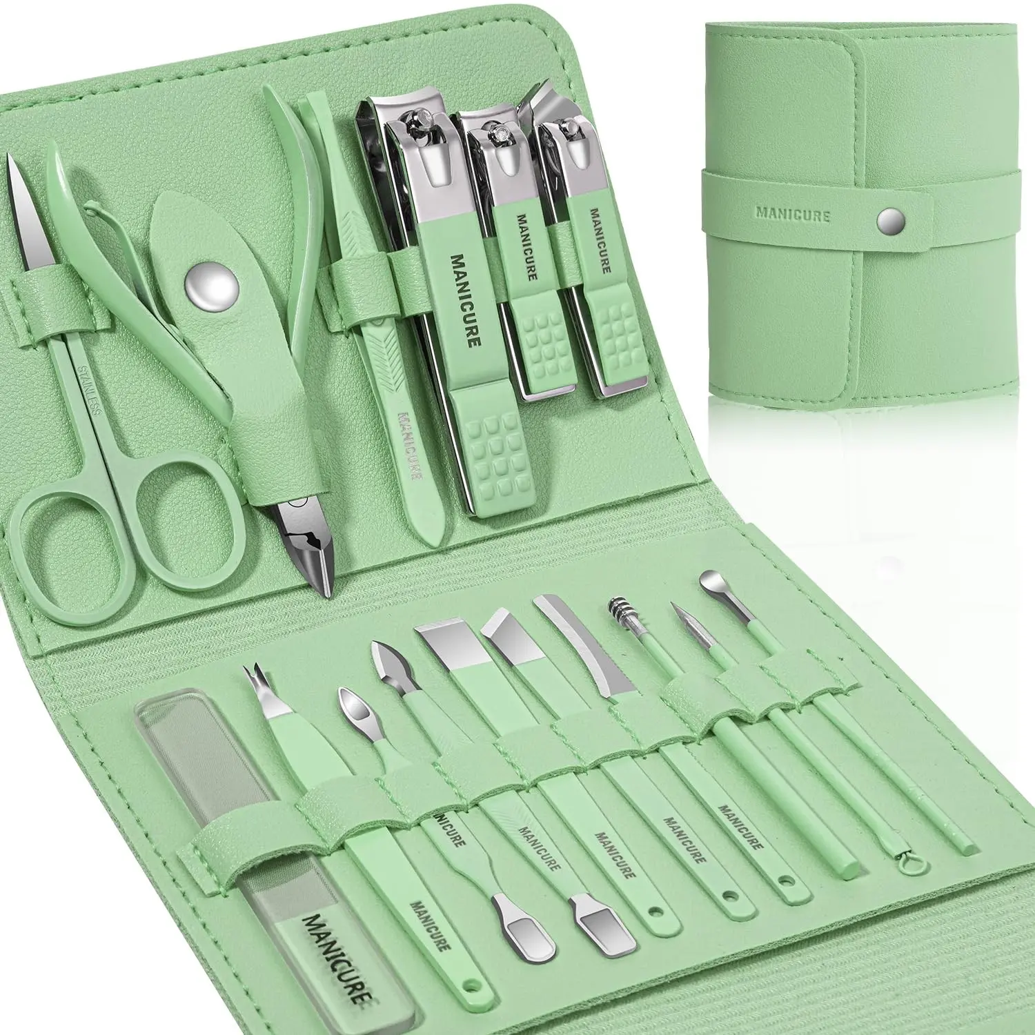 16 pcs Stainless Steel Nail Care Tools Grooming Kit,Nail Clipper Set, nail cutter blade,Manicure and Pedicure kit, nail files,Nail Care Tools with Luxurious Travel Case Nail Clippers Thick Nails Men Women Gift Nail Trimmer Kit