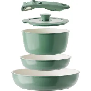 Ceramic Cookware Set, Removable Handle Pots and Pans Non-Stick, Rv Cookware Set,  Pots and Pans Set No , PTFE, PFOA, Detachable Pots and Pans, Dishwasher & Oven Safe (Green)