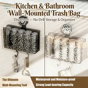 Kitchen Garbage Bag Dispenser Suction Cup Shower Shelf Easy to Access Trash Bag Holder Dispenser Storage Box for Door, Clear