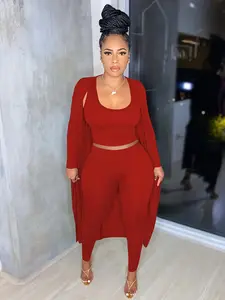 Women's Solid Basic Tank Top & Pants & Open Front Longline Long Sleeve Outwear Three-piece Set Fitted, Casual Fashion Cozy Three Piece Outfits for Daily Outdoor Wear, Women Clothes for Fall & Winter