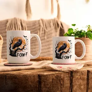 [BNB Halloween Gift 2025] Black Crow Moonlit Raven Accent Mug 11oz 15 oz, Funny Raven Lover Gift, F-Caw-F Funny Funny Gift, F-Caw-F Funny Crow Mug
