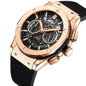 Luxury Watch for Men Chronograph Quartz Skeleton Blue Luminous Automatic See Through Rose Gold Titanium Style Rubber Wristwatches