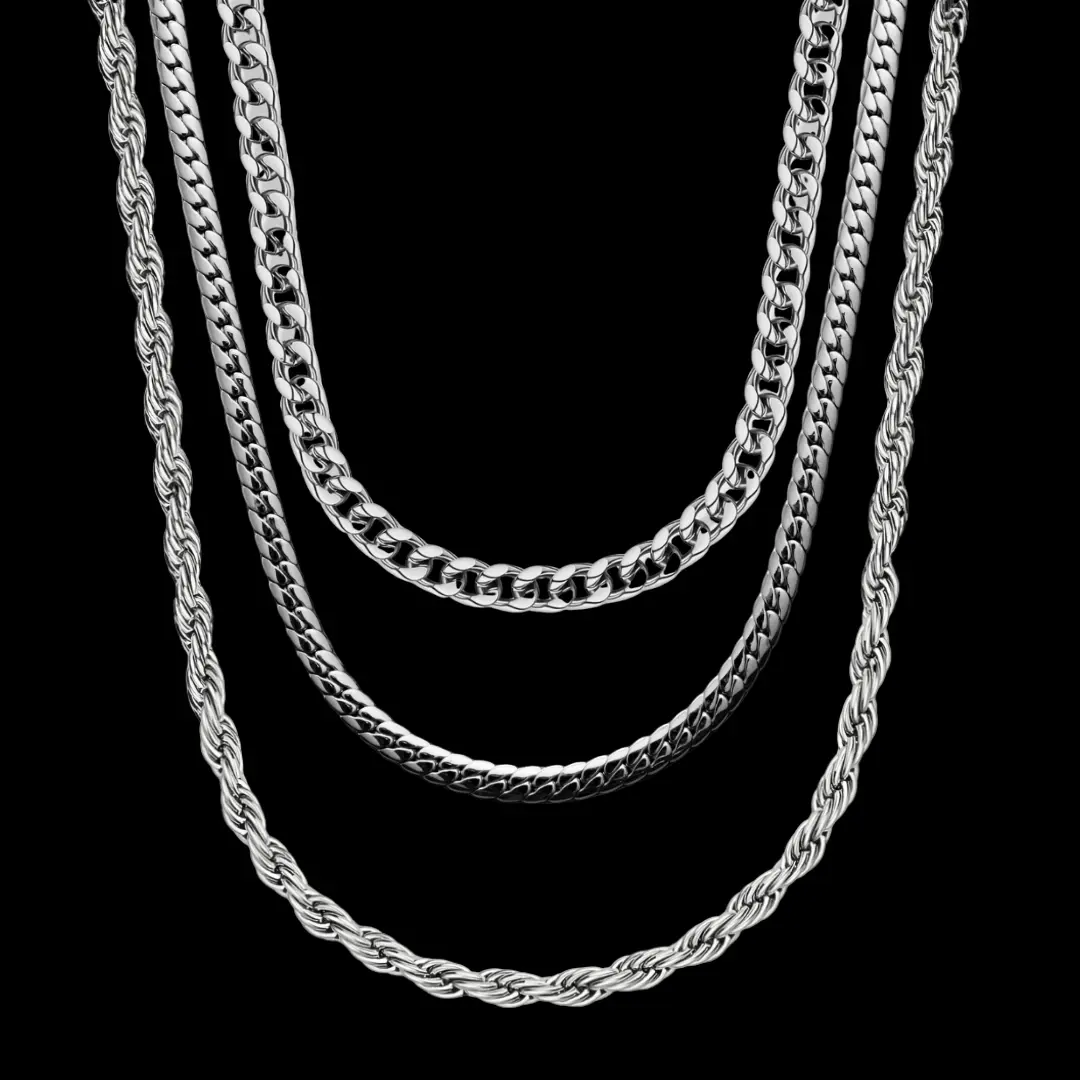 Imperium 3 Chains for $99 Silver Finish - 5mm Cuban Link, 4mm Rope, 5mm Miami Cuban Link - Ultimate Style Bundle, Daily Wear Necklace, Chains Necklace, Cuban Chain Necklace, Rope Texture