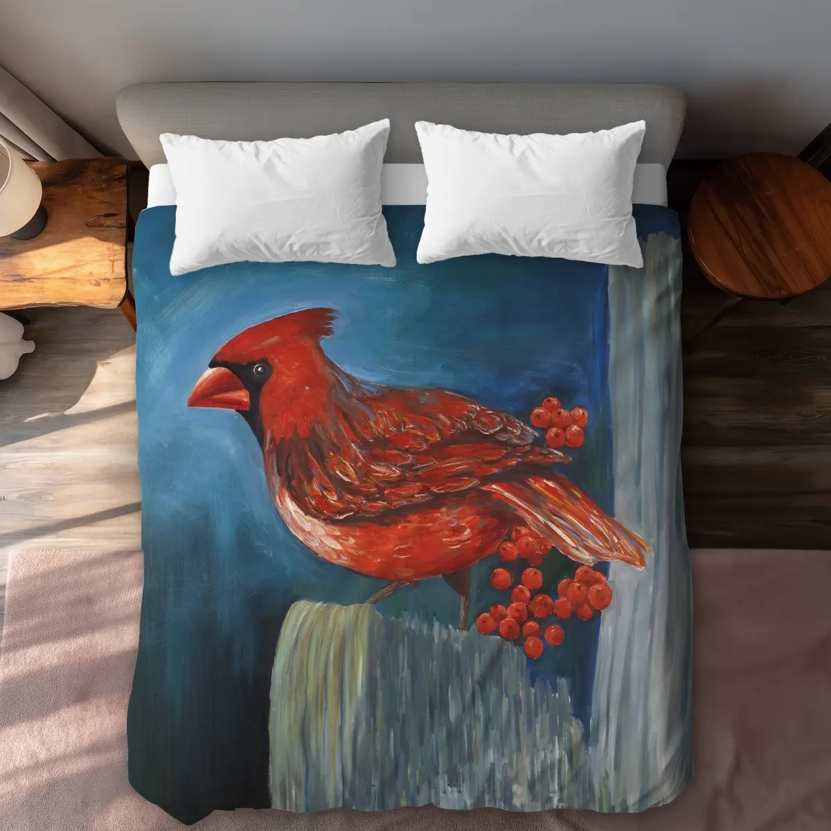 360 Stand Queen Size Microfiber Duvet Cover with Microfiber Face - Red, Contemporary Home Decor, Redbreast Bird on Branch Bird Motif, Nature Theme (C1DCQSW05W27BA), Graphic Duvet Covers, Motif Duvet Covers