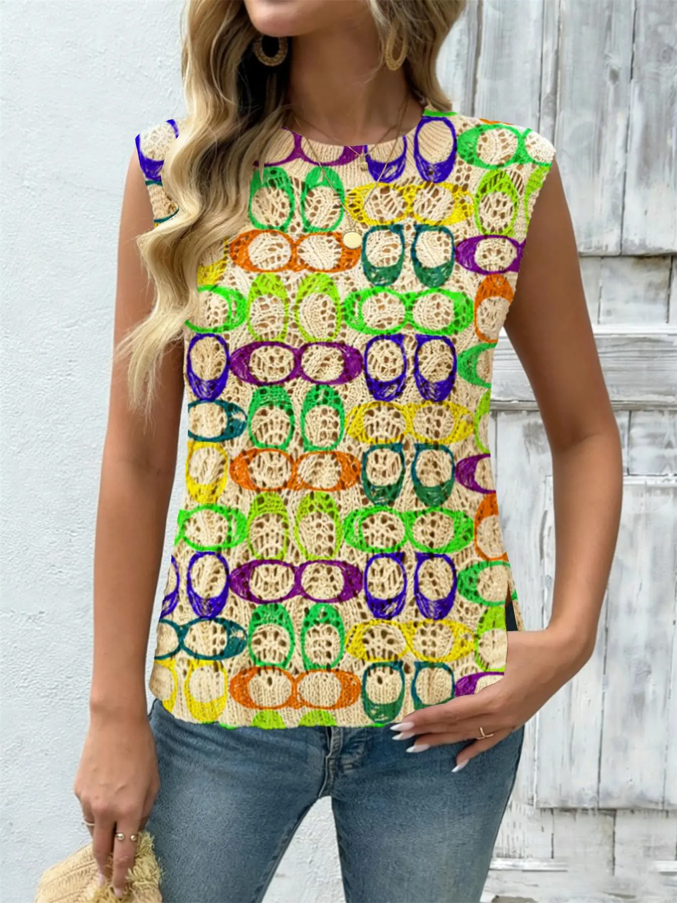 Geometric Pattern Colorblock Print Round Neck Sweater, Casual Sleeveless Short Fitted Knitwear for Spring Summer Fall, Comfortable Warm Women's Clothing