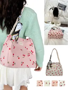New Fashion Versatile Shoulder Crossbody Bag, Cute Strawberry Cherry Handbag, Plaid Fabric, Casual Shoulder Bag, Suitable for Daily Commuting Shopping