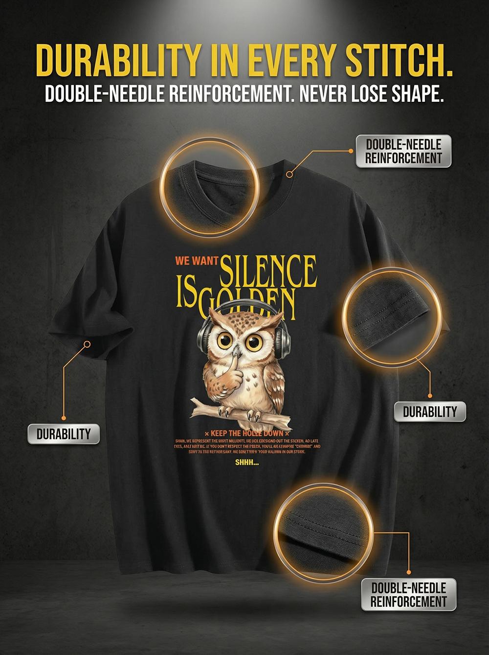 MoodTees Vintage Owl Graphic T-Shirt – American retro black short-sleeve tee, animal print shirt, 100% cotton, soft breathable fabric, comfortable relaxed fit, trendy streetwear, casual everyday wear, perfect for layering and gifts