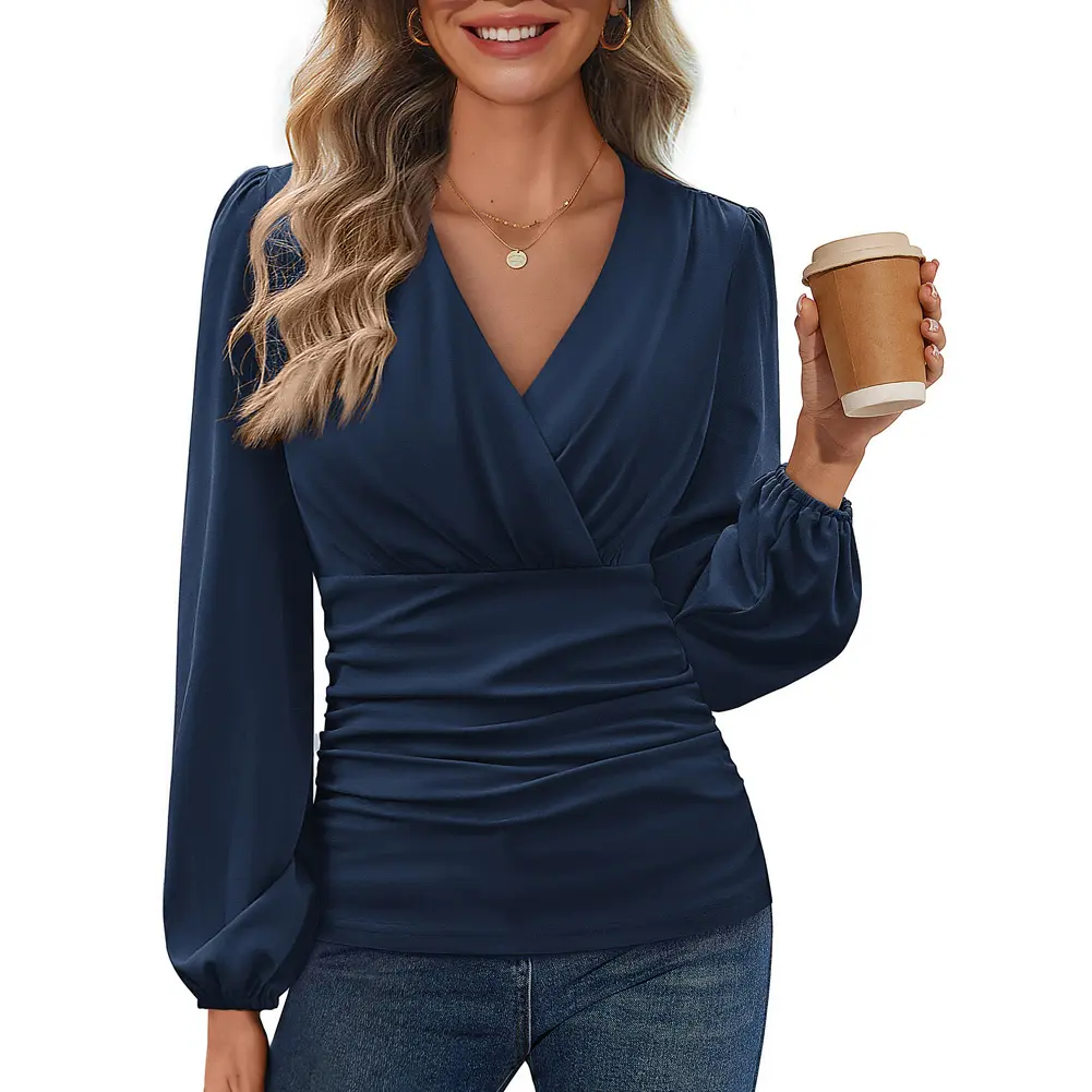 Grace Karin Tops for Women, Long Sleeve Wrap V-Neck Blouse with Ruched Tummy Control, Stretchy Elastane Business Casual Tops for Work Office, Office Work Clothes, Corporate Office Wear