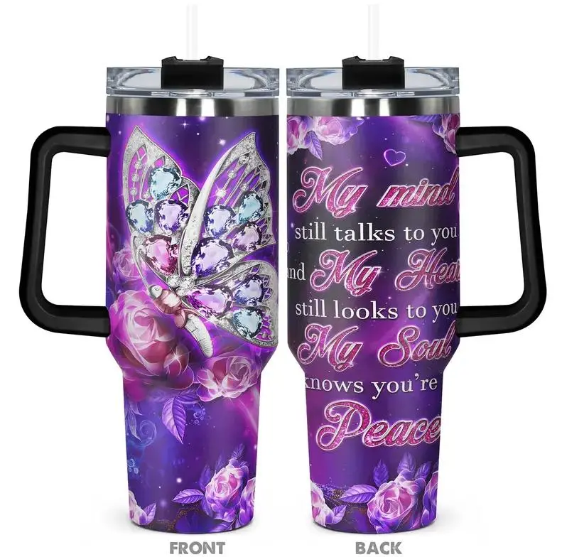 [Gift Box Included] 40oz Diamond Butterfly Print Stainless Steel Tumbler with Handle and Straw Vacuum Insulated Travel Mug Fits Car Cup Holder Personalized Gift for Butterfly Lovers
