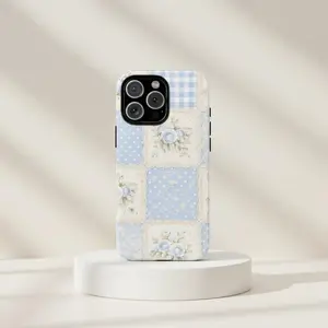 Patchwork Floral Lace Phone Case, Blue Pink Cottagecore Cover, Gingham Aesthetic Protective Design Case