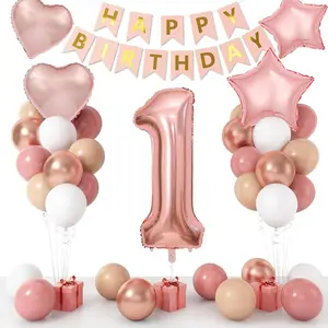 1st Birthday Decoration for Girls,Dusty Pink Rose Gold White 1st Birthday Balloon with 40 Inch Number 1 Balloon Heart Star Balloons Happy Birthday Banner for 1 Year Old Anniversary Baby Shower Decor