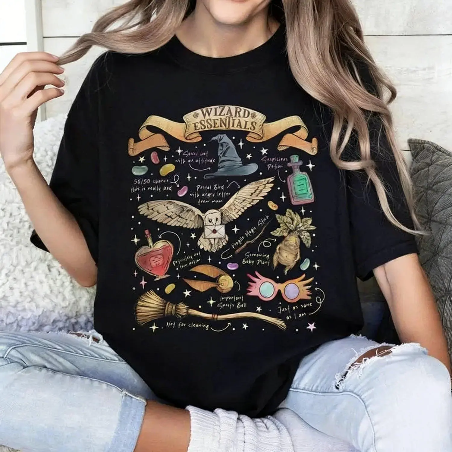 Women's Halloween Theme T-Shirt - Wizard Essentials Design, Fantasy-Inspired Casual Top, Gift for Book Lovers, Autumn Season Style