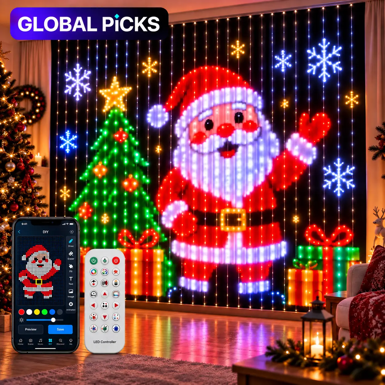 IP65 Waterproof DIY Pixel Curtain RGB Smart LED Lights, SURPLIFE APP Control with Custom Text/Patterns, Music Sync, Outdoor-Safe, Hooks Included, RGB Ambient Lighting for Home Decor Items, Halloween & Bedroom Decor