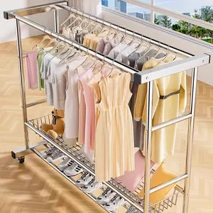 Stainless steel Heavy Duty Clothes Rack, Rolling Clothing Rack With Shelves Load 620 LBS, Double Rod Clothing Racks for Hanging Clothes, Portable& Adjustable Clothes Rack with Wheels Garment Rack，Clothes rack with storage basket, shoe rack