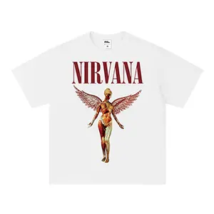 Nirvana In Utero Angel Print 300G White T-Shirt Men Oversized Retro Rock Band Short Sleeve Tee