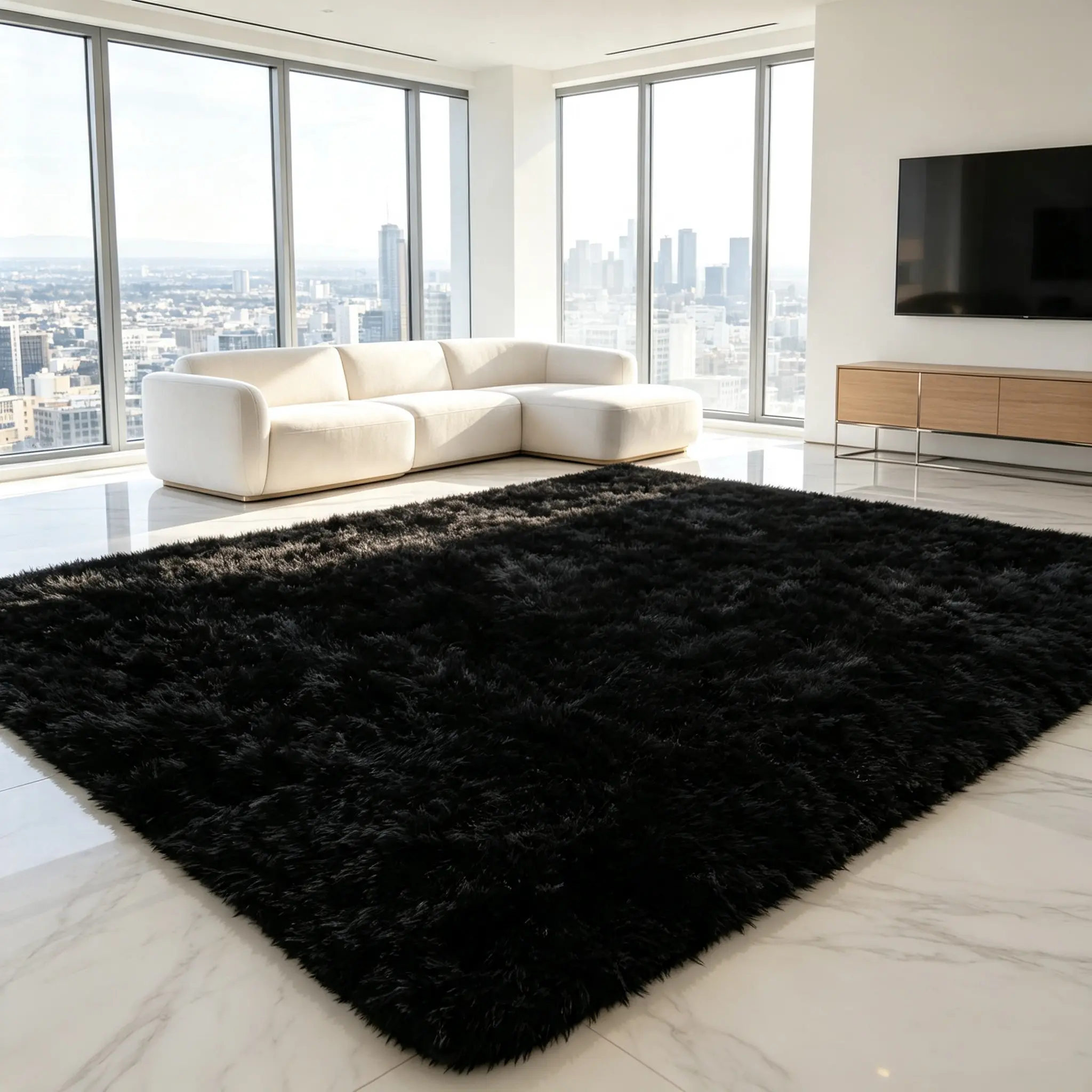 Ultra Soft Black Plush Area Rug 8x10, Thick Fluffy Faux Fur Shag Carpet for Couch Area, Cozy High Pile Neutral Floor Mat for Bedside, Nursery, Game Room, Cloud-Like Barefoot Comfort