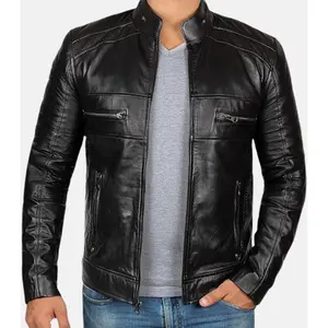 Men's Classic Black Distressed Leather Jacket with Zipper Closure