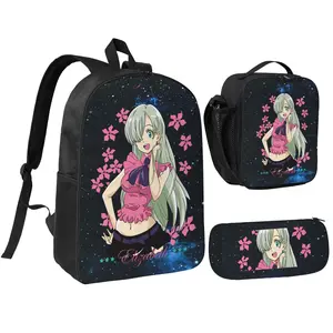 Three Piece Set Sailor Moon8 Printed Backpack Waterproof Curved Adjustable Shoulder Strap High Capacity Mesh Messenger Bag