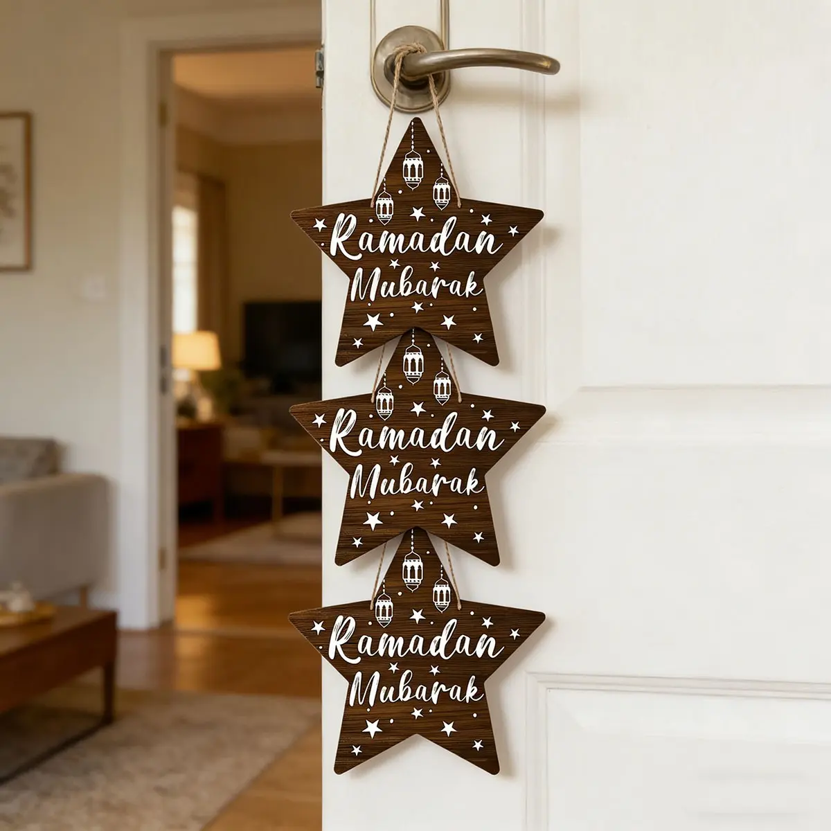 3pcs Ramadan Star Lantern Wooden Decorative Plaques, Eid Mubarak Home Wall Hanging, Bedroom Dining Room Decoration, China Harvested