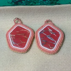 Salmon Geometric Beaded Earrings - Native American Beadwork