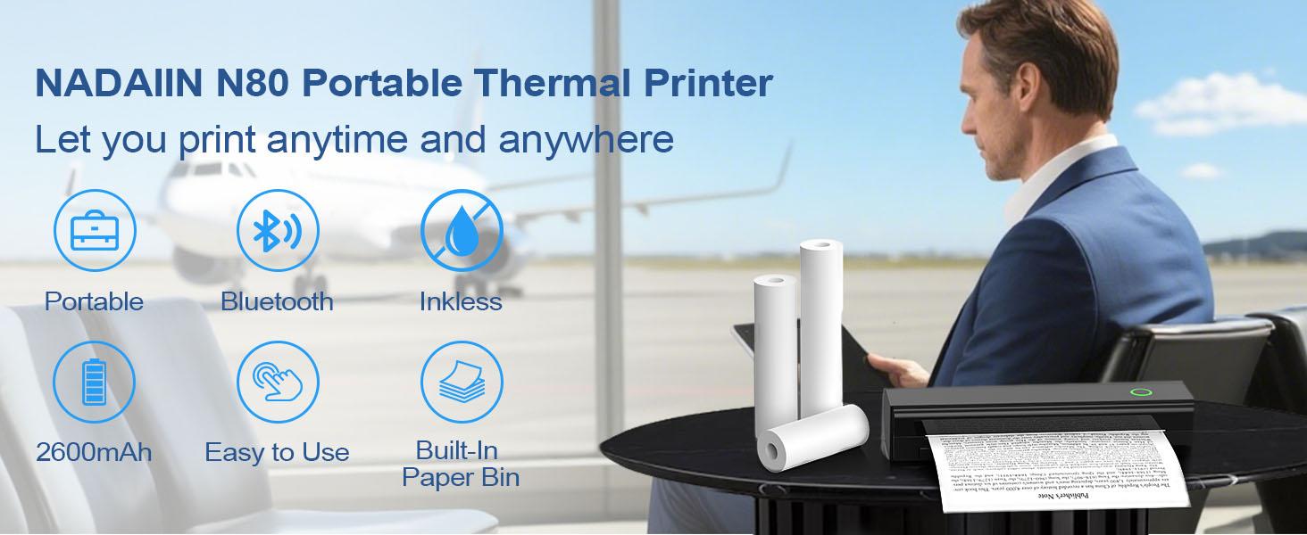 Portable Printers Wireless for Travel, N80 Wireless Thermal Printer Bluetooth Inkless Printer Support 8.5" X 11" US Letter & A4, Compatible with iOS, Android, Laptop Portable Printers Wireless for Travel, N80 Wireless Thermal Printer Bluetooth Inkless Printer Support 8.5" X 11" US Letter & A4, Compatible with iOS, Android, Laptop
