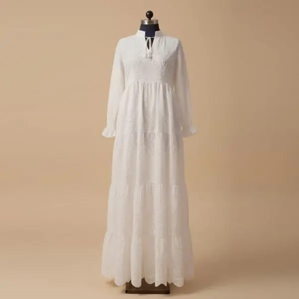 Elegant White Eyelet Embroidered Tiered Maxi Dress