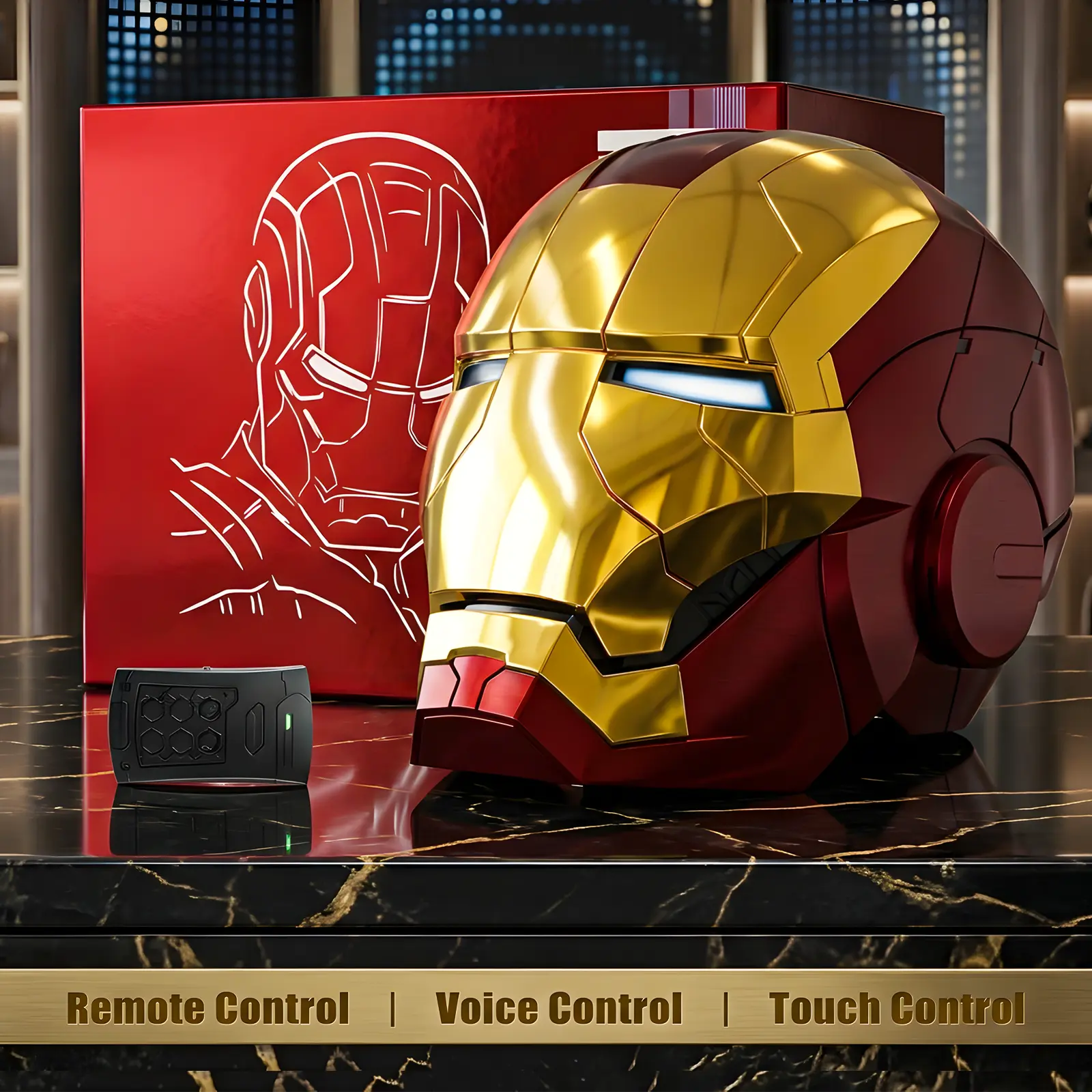 Iron Man MK5 Gold Edition 1:1 Electronic Helmet, Adult Wearable ABS Cosplay Collectible with Voice, Remote & Touch Control, LED Eyes & Gift Box