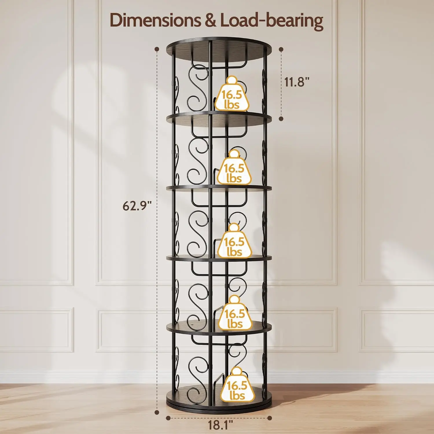 Vividwood 5-Tier 360° Spin MDF+Metal Rotating Bookshelf - Narrow Tall Stackable Corner Bookcase, Quick Setup Round Swivel Storage Organizer for Farmhouse Room Decor
