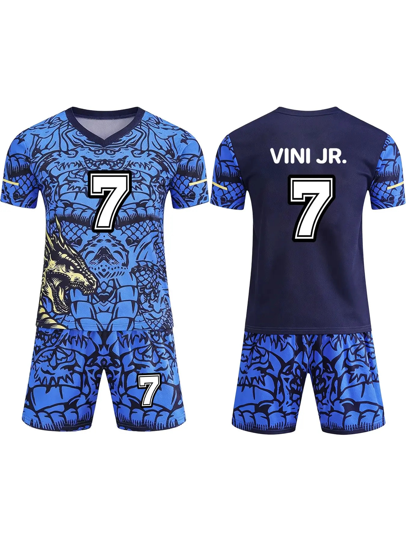 All-season children's soccer jersey and pants set, Sports clothing, Athletic Set, Sporty Design, with the name VINI JR. and the number 7, suitable for sports and leisure, outdoor activities, made of breathable material, Soccer Shorts