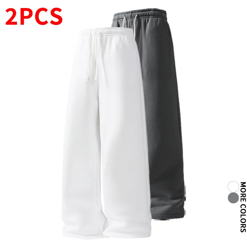 Two-pack solid-color knit wide-leg sweatpants with drawstring, elastic waistband, and a fluid drape; straight-cut athletic long pants for home, commuting, and casual wear.