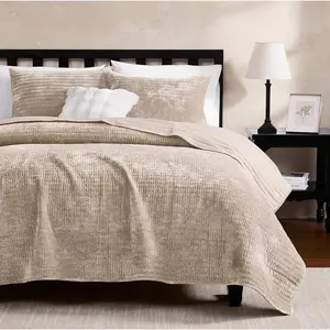 Velvet California Oversized Cal King Size Set - Beige Striped Pick Soft Lightweight Bedspread, Neutral Channel Farmhouse Rustic Coverlet, Warm Thin Comforter, 3 Pieces