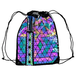 PandaTak Geometric Reflective Backpack With Hidden Zipper Pockets and Fan Holster for Festivals and Raves