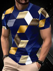 Men's Fashion Geometric Pattern Short Sleeve T-Shirt, Trendy Colorblock Design, Comfortable Breathable, Versatile Fitted Casual Style Top, Menswear