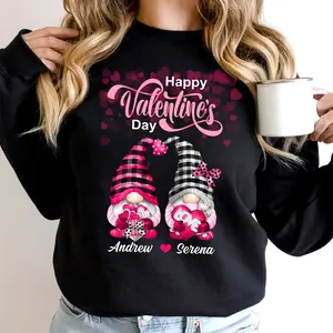 Personalized Happy Valentine's Day Gnome Sweater, Gnome Couple Sweatshirts, Gnome Long Sleeve Sweater, Customize Couples Name Valentine Long Sleeve Shirts, Cute Valentine's Day Gift For Men Women Couples