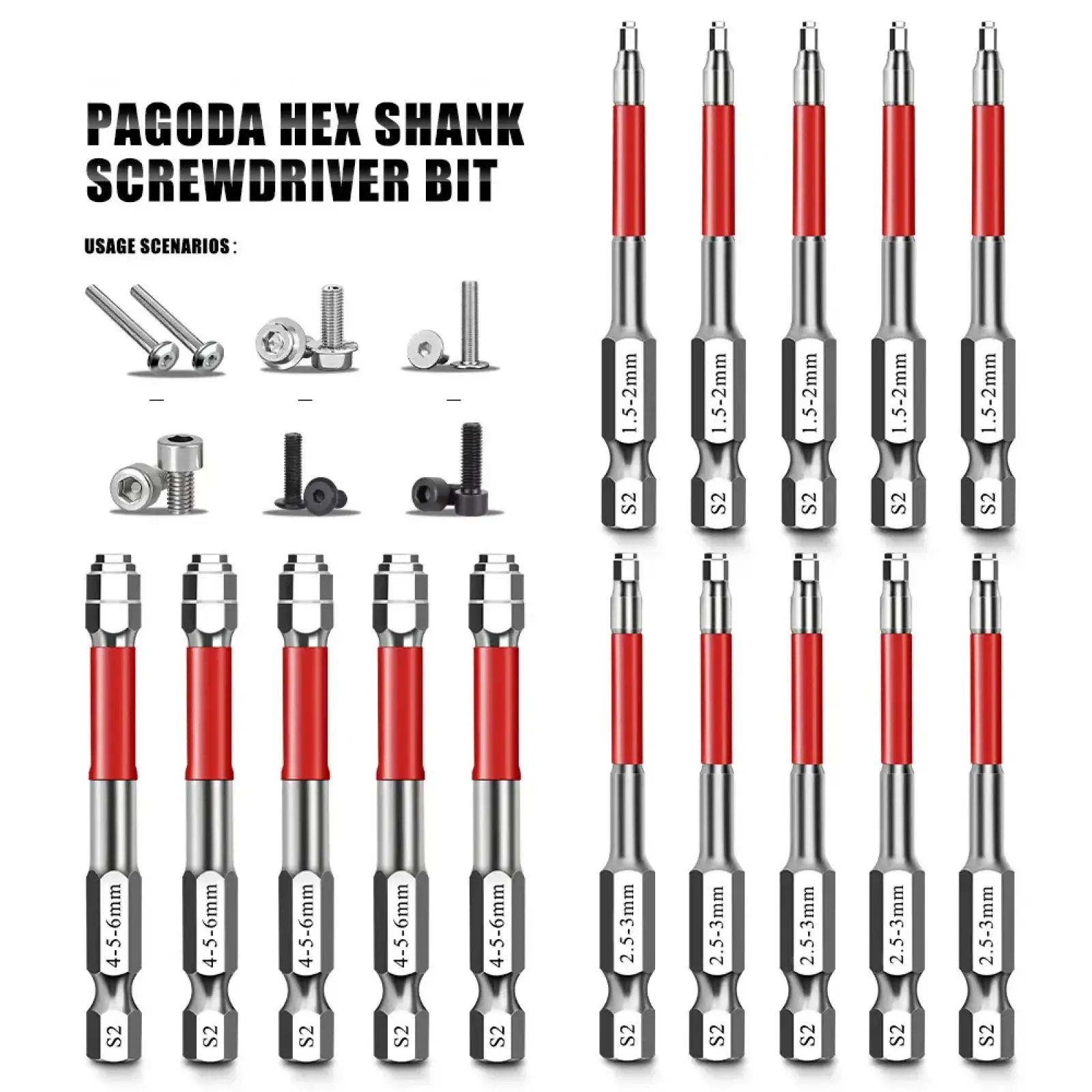 Screwdriver Bit Set with Magnetic Hex Shank & Pagoda-Shaped Socket for 1.5mm-6mm Nuts Kit 65mm & 100mm Lengths Wear-Resistant Metal Construction