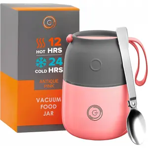 Vacuum Insulated  Jar. Large 12oz Bowl incl. Folding Spoon, Cup. Wide Mouth Thermos Keep Hot & Cold Drinks Soup Thermo Lunch Container for Adults.  Stainless Steel, Leak Proof Antique Pink