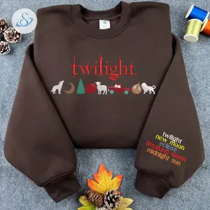 Twilight Saga Embroidered Sweatshirt featuring Wolf, Lion, Lamb, and Red Truck Icons, Eclipse New Moon Breaking Dawn Midnight Sun Bookish Crewneck Pullover for Vampire Romance Fans