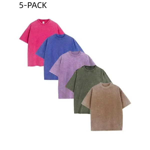 Men's 5-Pack Unisex 100% Cotton Oversized Vintage Acid Wash Crew Neck Short Sleeve Blank T-Shirts - Soft Mineral Wash Plain Tops for Streetwear, Loungewear, Summer Daily Outfits, Tracksuit, Tshirt, Shortsleeve, Breathable, Matching, Retro, Elastic, Round,