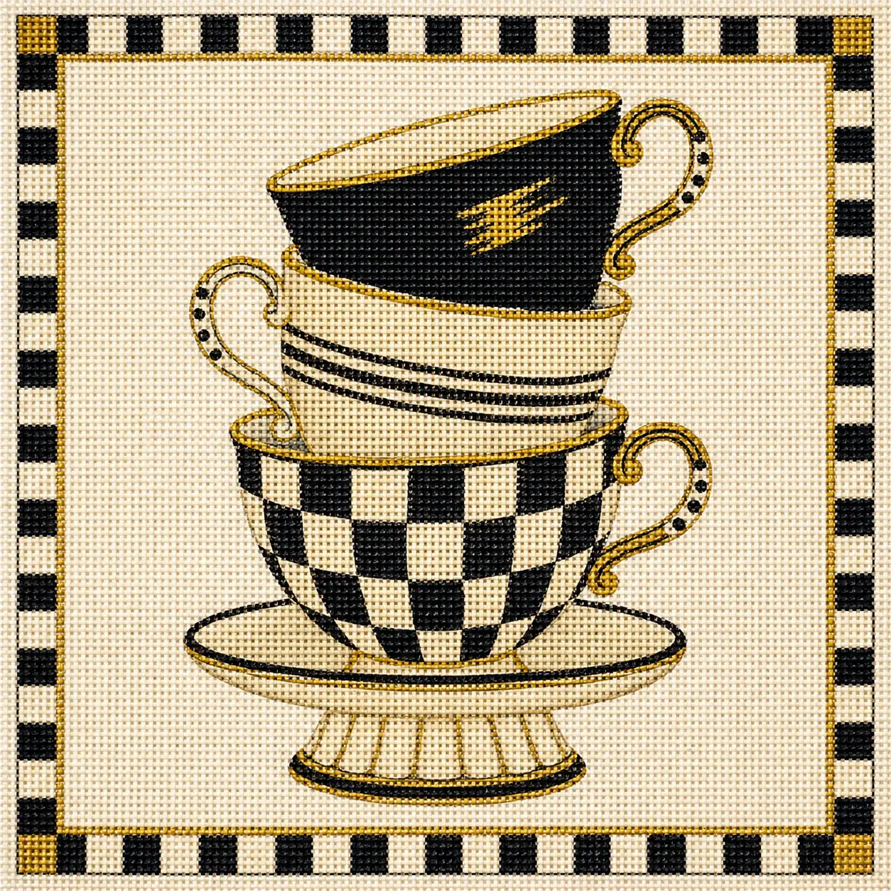 Inspired Checked Teacup Stack Printed Needlepoint Canvas Inspired Checked Teacup Stack Printed Needlepoint Canvas