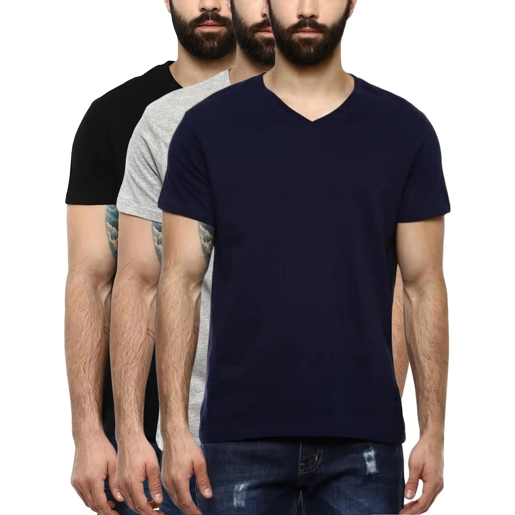 3pcs Comfortable Polyester V-Neck T-Shirts, Breathable Solid Color Casual Short Sleeve for Summer