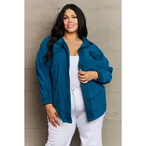 Zenana Cozy in the Cabin Full Size Fleece Elbow Patch Shacket in Teal
