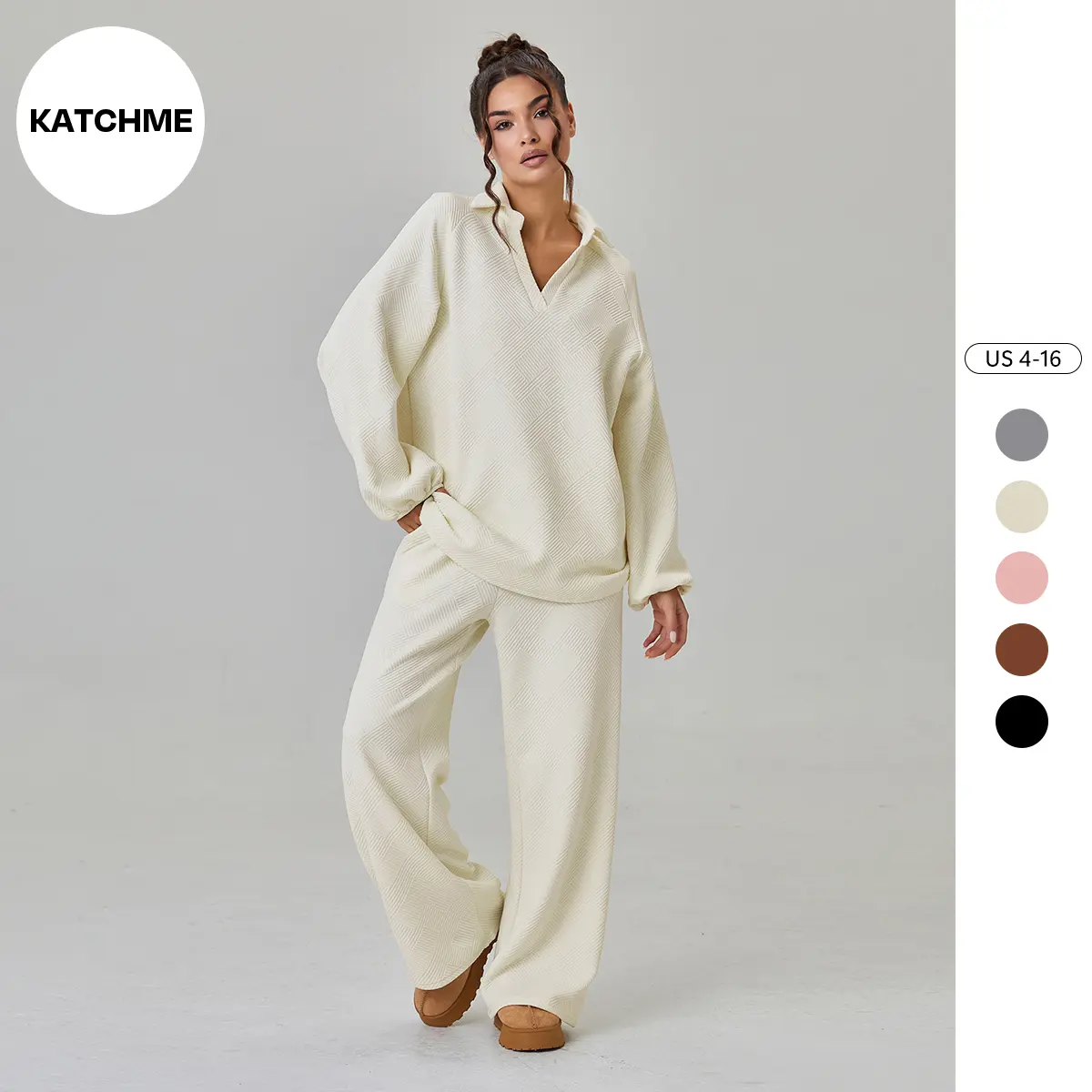 KatchMe Women's Slouchy Solid Color V-Neck Loose Textured Pullover & Drawstring Waist Trousers Co-ord, Minimalist Two Piece Outfits, Soft Womenswear（CN）