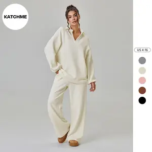 KatchMe Women's Slouchy Solid Color V-Neck Loose Textured Pullover & Drawstring Waist Trousers Co-ord, Minimalist Two Piece Outfits, Soft Womenswear（CN）