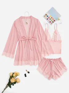 Classic Sexy Lace Mesh Lingerie Set & Belted Robe