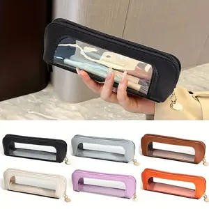 Portable Makeup Brush & Cosmetic Bag, Multi-Functional PU Leather Small Makeup  Zipper Pouch for Travel & Stationery Storage, Mini Cosmetic Bag Transparent Waterproof Organizer Pouch with Zipper for Women Trendy Girls' Essential Organizer, Durable