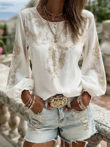 Regular Daily Print Round Neck Shirt, Casual Fashion Top, Comfortable Everyday Wear, Stylish Women's Clothing