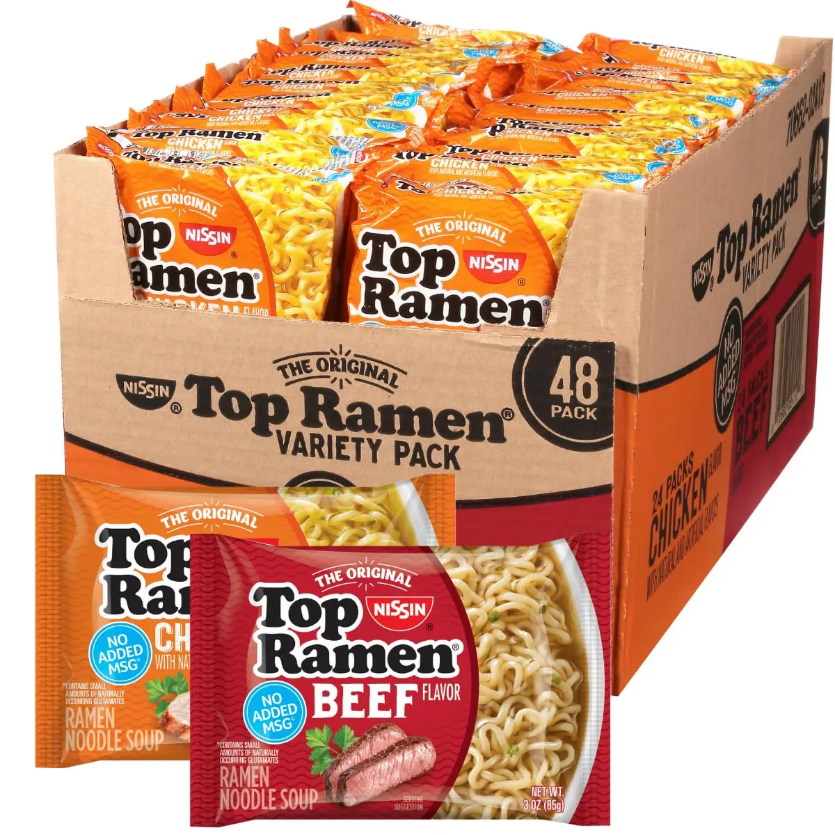 Nissin Top Ramen Noodles Chicken and Beef Soup Variety Pack, 3 oz, 48 Count, Quick Instant Ramen Meals