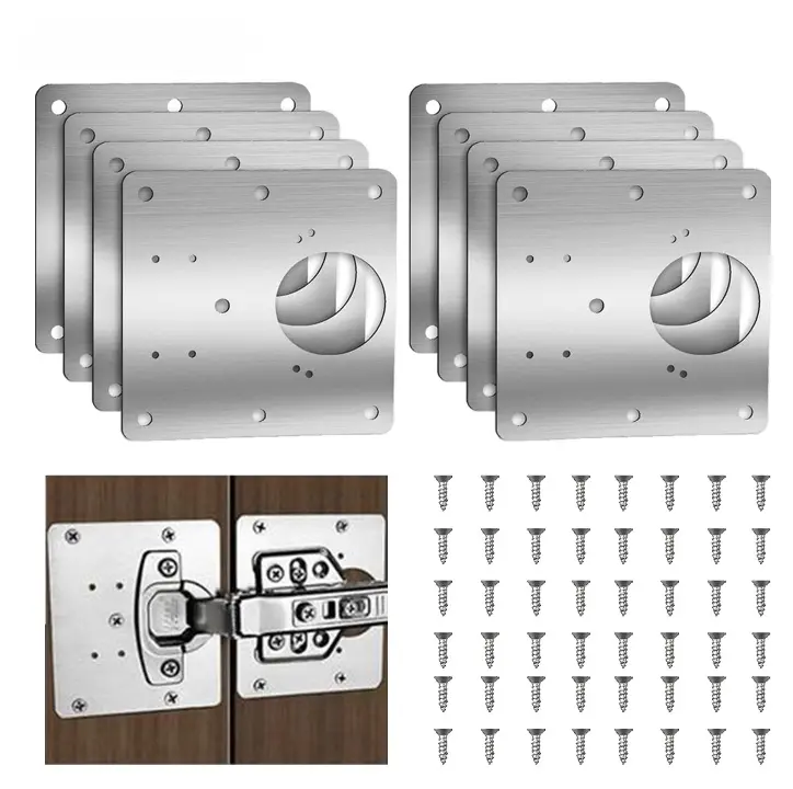 8-piece cabinet hinge repair plate and screws, stainless steel hinge repair plate, hinge repair fixing plate, kitchen cabinet door hinge repair bracket set.