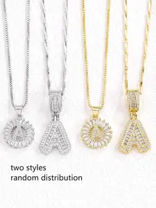 Flower Rock Sugar Full Diamond 26 English Letter Necklace, Copper Inlay Zircon, Gold Plated, Fashion Jewelry Gift for Women Girls